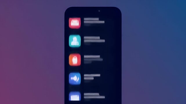 Finger taps blurred app icons on a phone against a gradient purple/blue background