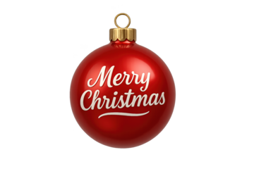 Red Christmas ornament ball with gold cap and white "Merry Christmas" script, isolated on