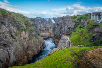 beautiful layer rocks as pancake locate along west coast is very amazing nature landscape South Island New Zealand 