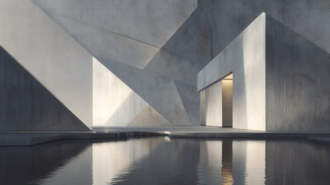 Abstract Geometric Concrete Architecture with Reflecting Water and Dramatic Shadows