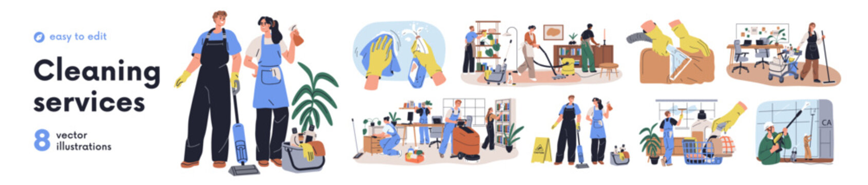 Cleaning service set. Professional cleaners in uniform with mop, brush, vacuum cleaner, equipment during office and commercial cleanup. Workers, janitors teams at work. Flat vector illustration