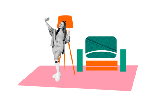 Composite photo collage of happy girl hipster show peace gesture take selfie picture blogging influencer isolated on painted background - Powered by Adobe