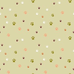 Seamless pattern with colourful dog paw prints on light green background. Hand drawn cartoon style, perfect for wrapping, kids textile, fabric, stationery 
