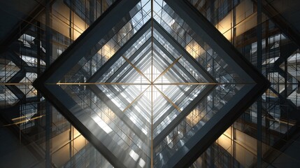 Abstract geometric glass and steel atrium interior with bright light.