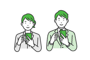 携帯を見る,スーツ男女