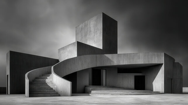 Brutalist concrete architecture with a striking spiral staircase under a moody sky.