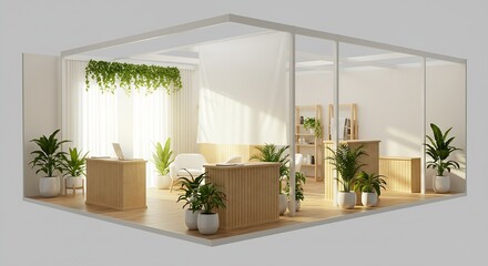 Fototapeta premium Inviting light filled modern office space with plants creates a calm and productive atmosphere for a positive work environment and creative collaborations