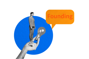 Composite photo collage of serious girl stand human hand hold light bulb idea founding bubble plan business isolated on painted background