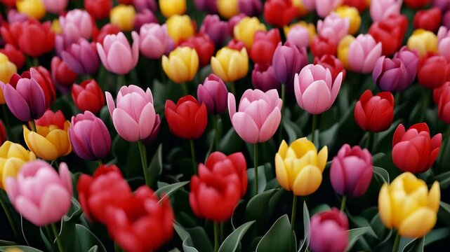 A vibrant, colorful field of blooming tulips with a soft, dreamy focus effect