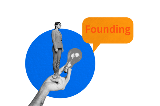 Composite photo collage of serious girl stand human hand hold light bulb idea founding bubble plan business isolated on painted background