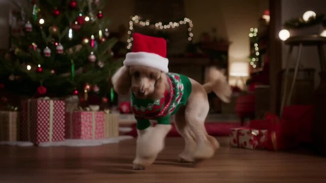 a poodle in a sweater and santa hat dances an artistic jig in a cozy living room decorated with a christmas tree, looking at the camera with a theatrical smile and happy eyes.