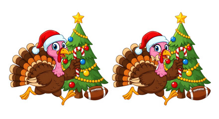 Naklejka premium Two cartoon turkeys wearing santa hats and running next to a christmas tree with footballs at its base, isolated on transparent background