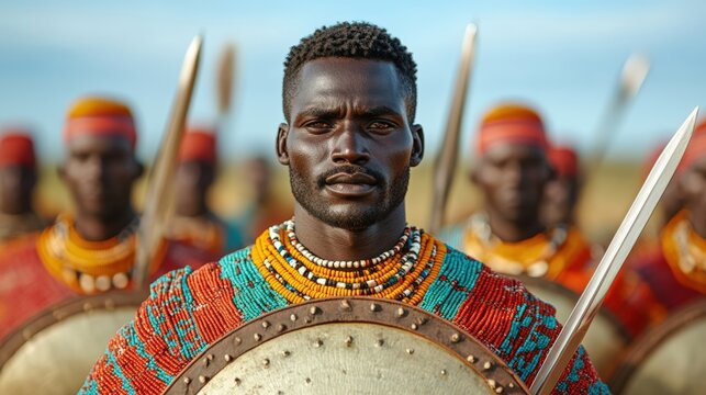 A proud warrior stands in the foreground, adorned in vibrant traditional attire and surrounded by fellow warriors, representing strength and cultural heritage