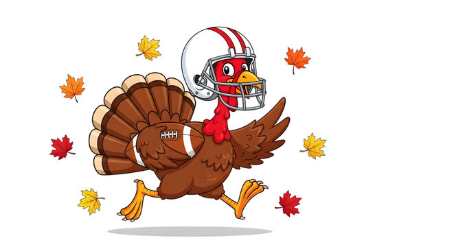 Cartoon turkey wearing a football helmet and uniform, running with autumn leaves, isolated on transparent background