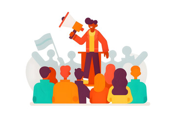 social campaign emotive portrait illustration A speaker with a megaphone addresses a diverse group of people at a public gathering or rally.