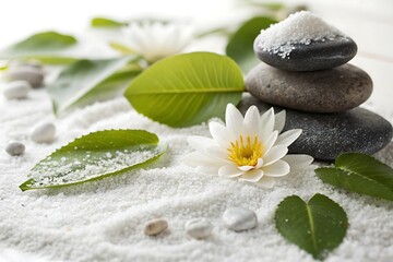 White flower is on top of a pile of rocks