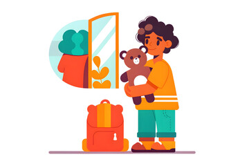 social campaign emotive portrait illustration A child holding a teddy bear stands by a backpack and a mirror, preparing for a journey.