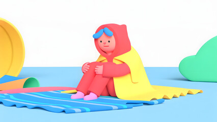 social campaign emotive portrait illustration A cartoon character in colorful clothing sits on a striped mat in a playful, outdoor setting.