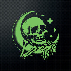 Neon green skeleton resting on crescent moon amidst starry night sky scene