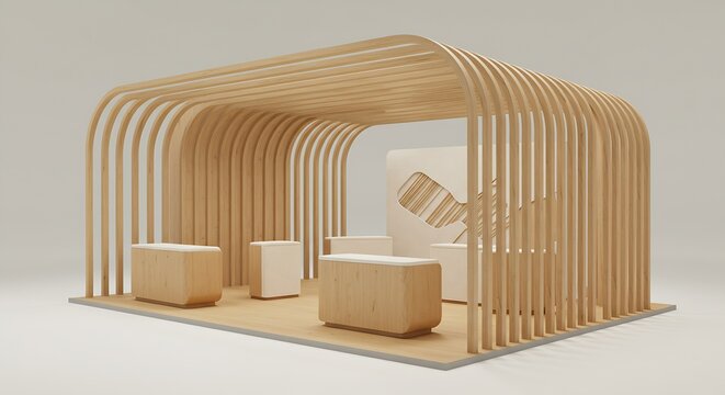 Modern trade show booth design with elegant wooden slats offering a welcoming space to connect with potential clients in a minimalist setting