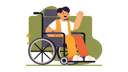 social campaign emotive portrait illustration A smiling person in a wheelchair raises a hand in greeting, conveying positivity and inclusivity.