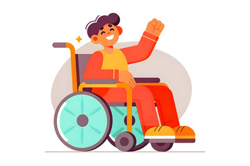 social campaign emotive portrait illustration A cheerful person in a wheelchair raises their arm in a gesture of positivity and confidence.