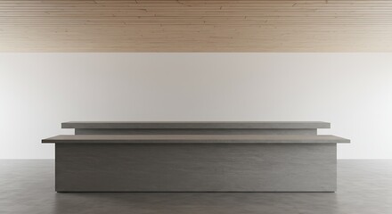 Modern grey reception desk against a white wall with bright wood paneling, perfect for a contemporary office or studio space with minimalist appeal