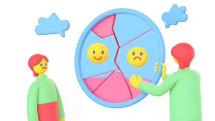 social campaign emotive portrait illustration Two cartoon figures analyze a broken pie chart with happy and sad faces inside, surrounded by speech bubbles.