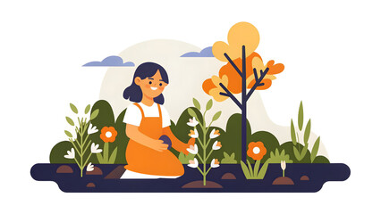 social campaign emotive portrait illustration A woman gardening outdoors, surrounded by plants, flowers, and trees in a vibrant natural setting.