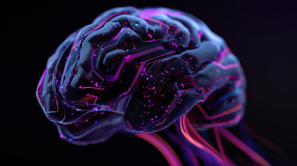 Digital brain representation showcases dna database system with intricate circuits and vibrant colors, symbolizing advanced technology