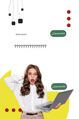 Vertical photo collage of shocked girl hold laptop gpt chat artificial intelligence webpage...