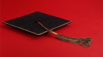 A black graduation cap with gold trim and a long tassel sits on a vibrant red background, symbolizing celebration,