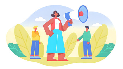 social campaign emotive portrait illustration Woman with megaphone speaking to two people outdoors, symbolizing leadership and communication.