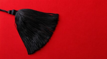 An elegant black tassel on a rich red background, symbolizing sophistication and celebration,