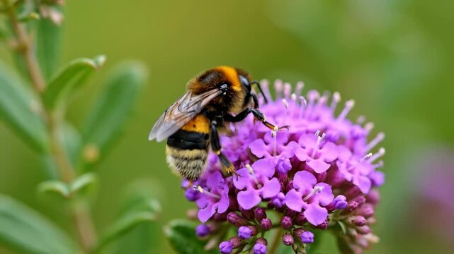 A bumblebee forages for nectar on a vibrant purple flower. Detailed macro shot of an insect pollinating in a summer garden. The importance of wildlife in the ecosystem