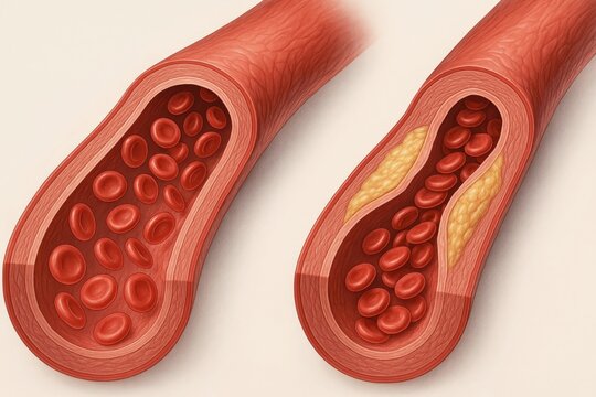 Exploded view illustration comparing a healthy artery with a stenosed artery showing lumen obstruction by plaque
