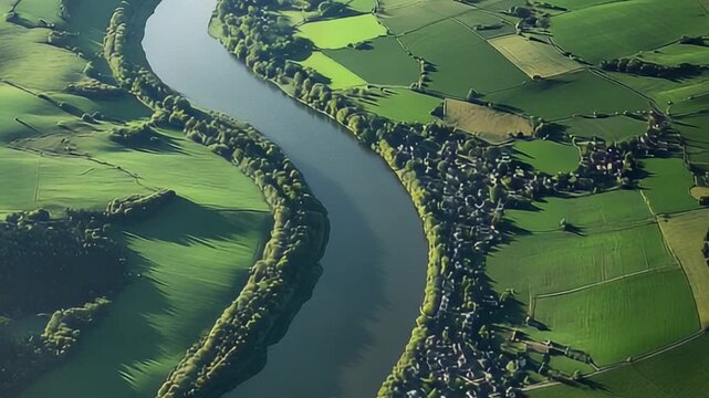 Aerial view of a winding river through a verdant, sunlit rural landscape