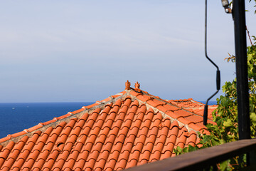 Terracotta roof tiles with ocean view in the background.