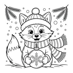 Adorable winter fox wearing a hat and scarf holding a christmas ornament coloring page