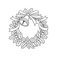 Festive christmas wreath with bell and ribbons line art decoration for holiday projects