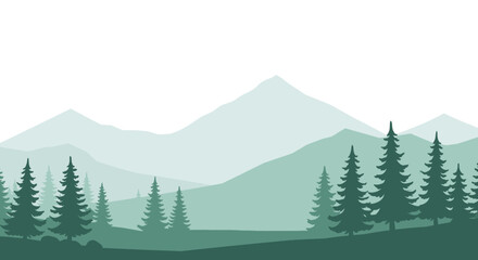 Fototapeta premium Minimalist Landscape of a Wide Forest With Tall Mountains in the Background and Several Pine Trees in the Foreground