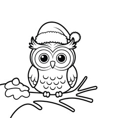 Cute christmas owl wearing santa hat perched on tree branch line art for coloring