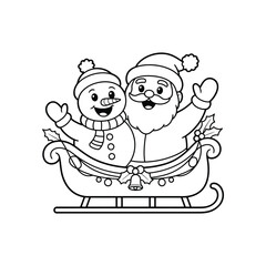 Joyful santa claus and snowman ride together in a sleigh christmas outline art