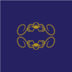 Elegant golden calligraphic swirl ornament forming a decorative frame on a deep blue background for text or logo placement