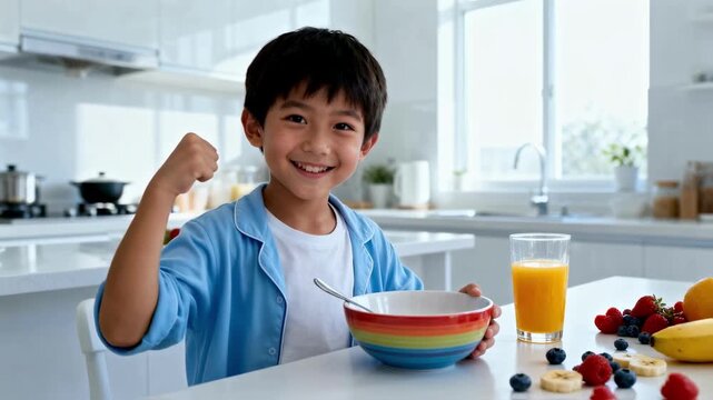 A happy Asian boy flexes his bicep while eating a healthy breakfast of cereal, juice, and fruit in a bright kitchen, representing children's nutrition, energy, and a healthy lifestyle