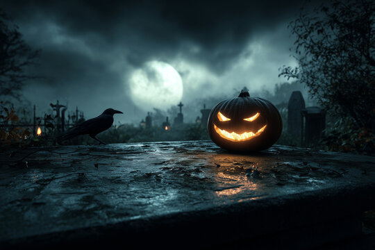 Eerie glowing jackolantern perched on a weathered tombstone in a moonlit graveyard, crow silhouette and misty full-moon sky for Halloween mood - Powered by Adobe