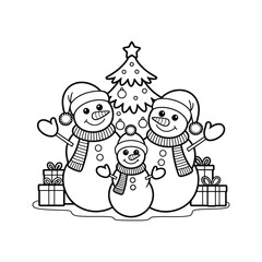 Charming snowman family with presents and christmas tree coloring page for kids