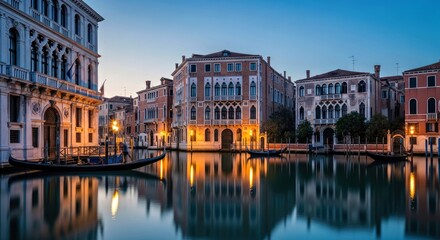 Fototapeta premium Venice Grand Canal Twilight: Experience the enchanting twilight over Venice's Grand Canal, as elegant historic buildings and classic gondolas. capture the beauty of the city at dusk.