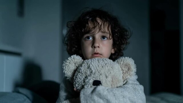 A terrified little child with curly hair hugs a teddy bear tightly in a dark room at night, representing childhood fear, anxiety, nightmares, and the need for safety