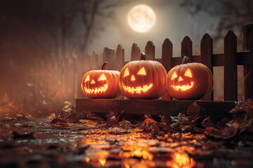 Glowing jack-o'-lantern trio on a misty autumn night beneath a full moon — carved Halloween pumpkins casting warm reflections on wet leaves and a rustic fence
